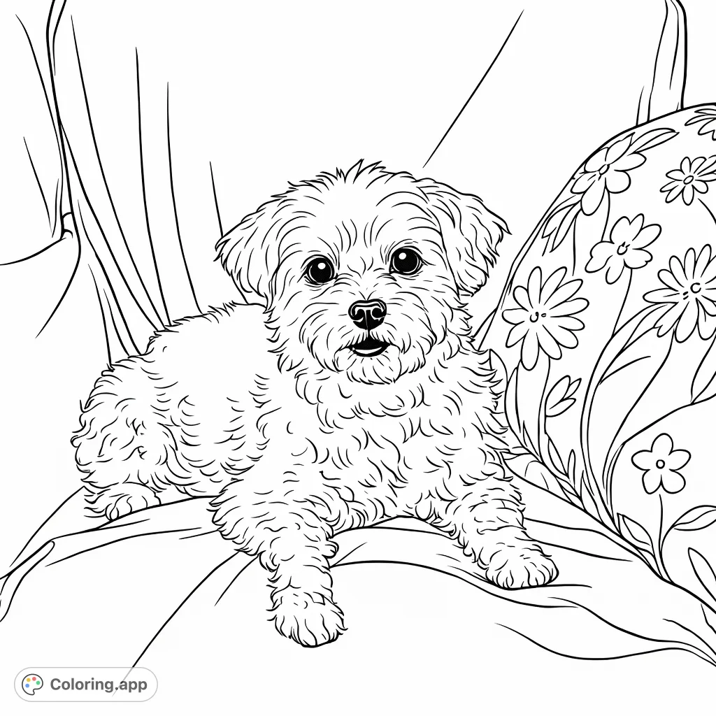 A charming fluffy canine rests on a soft sofa next to a floral cushion, inviting delightful coloring. A heartwarming free printable dog coloring page.