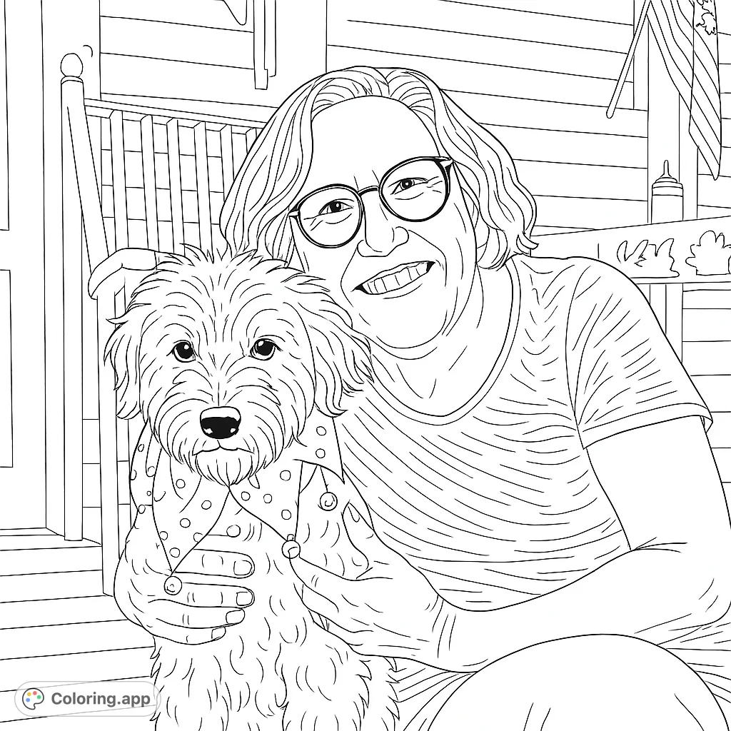 A heartwarming scene featuring a smiling woman embracing her fluffy dog, adorned with a festive jester collar, set on a cozy porch.