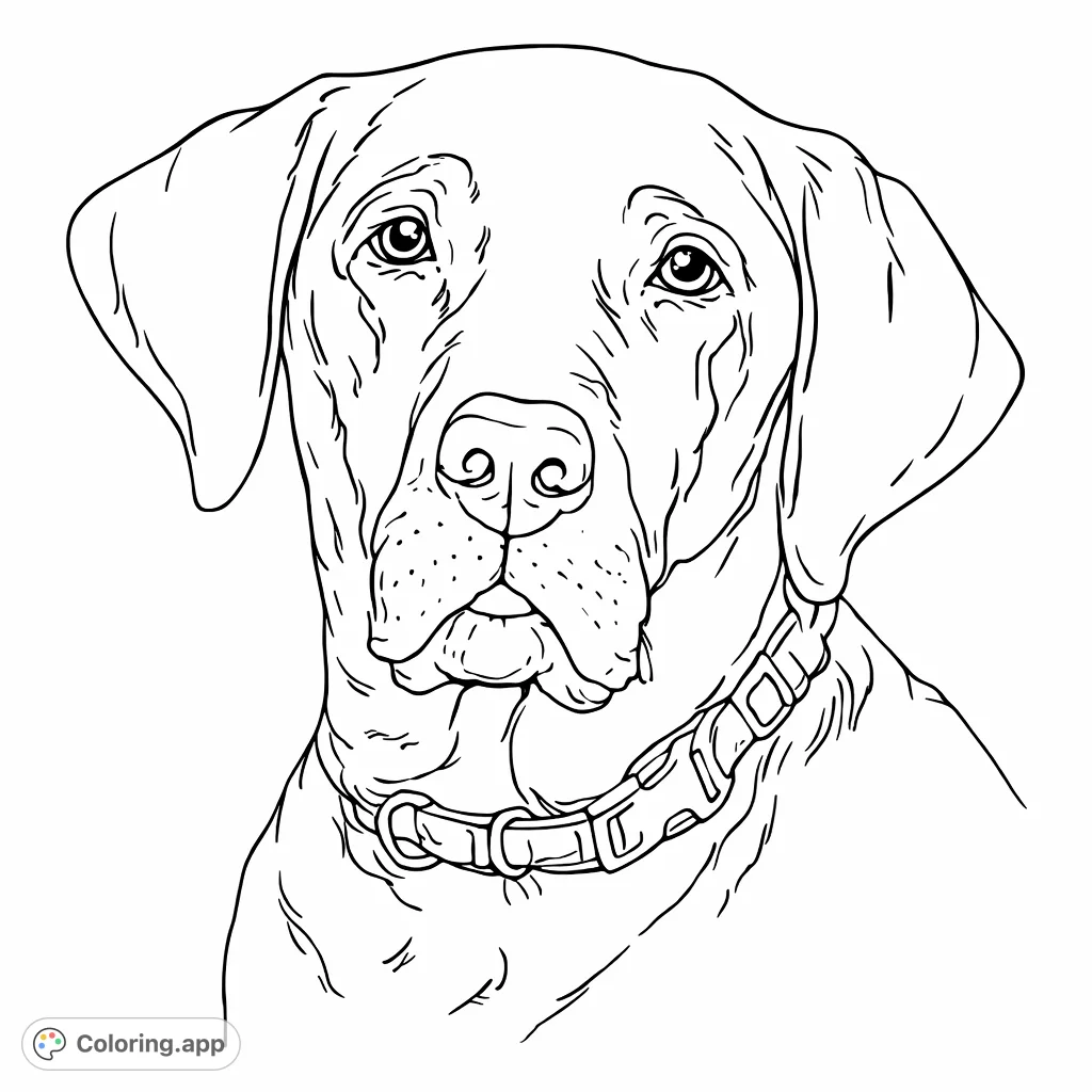 A heartwarming dog portrait coloring page, showcasing a loyal canine with an expressive gaze and a detailed patterned collar, inviting creative exploration.