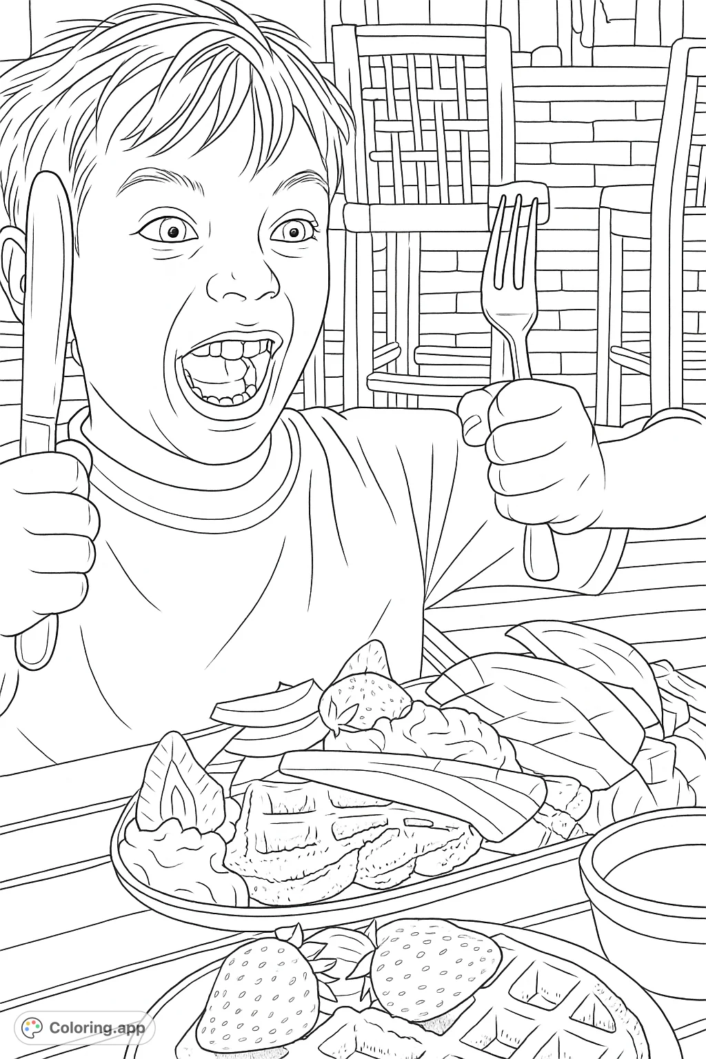 A cheerful boy eagerly awaits his delicious breakfast of waffles, fruit, and whipped topping. A fun and engaging coloring page for all ages!
