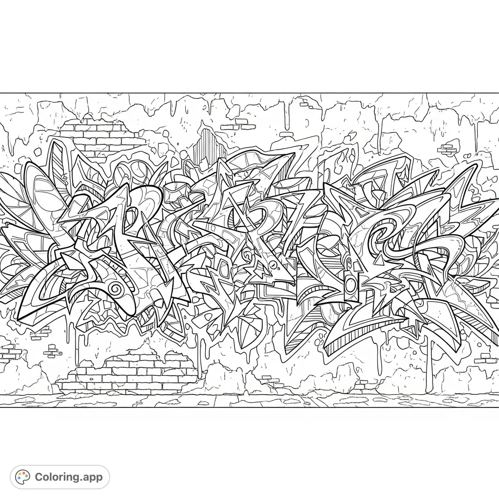 Explore an urban canvas with this dynamic graffiti designs coloring page. Featuring abstract shapes, intricate patterns, and textured wall elements.