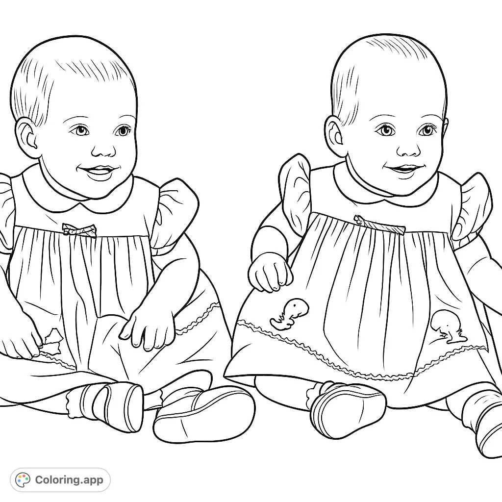 Adorable twin babies in matching dresses, smiling sweetly. A charming scene perfect for a heartwarming coloring experience.