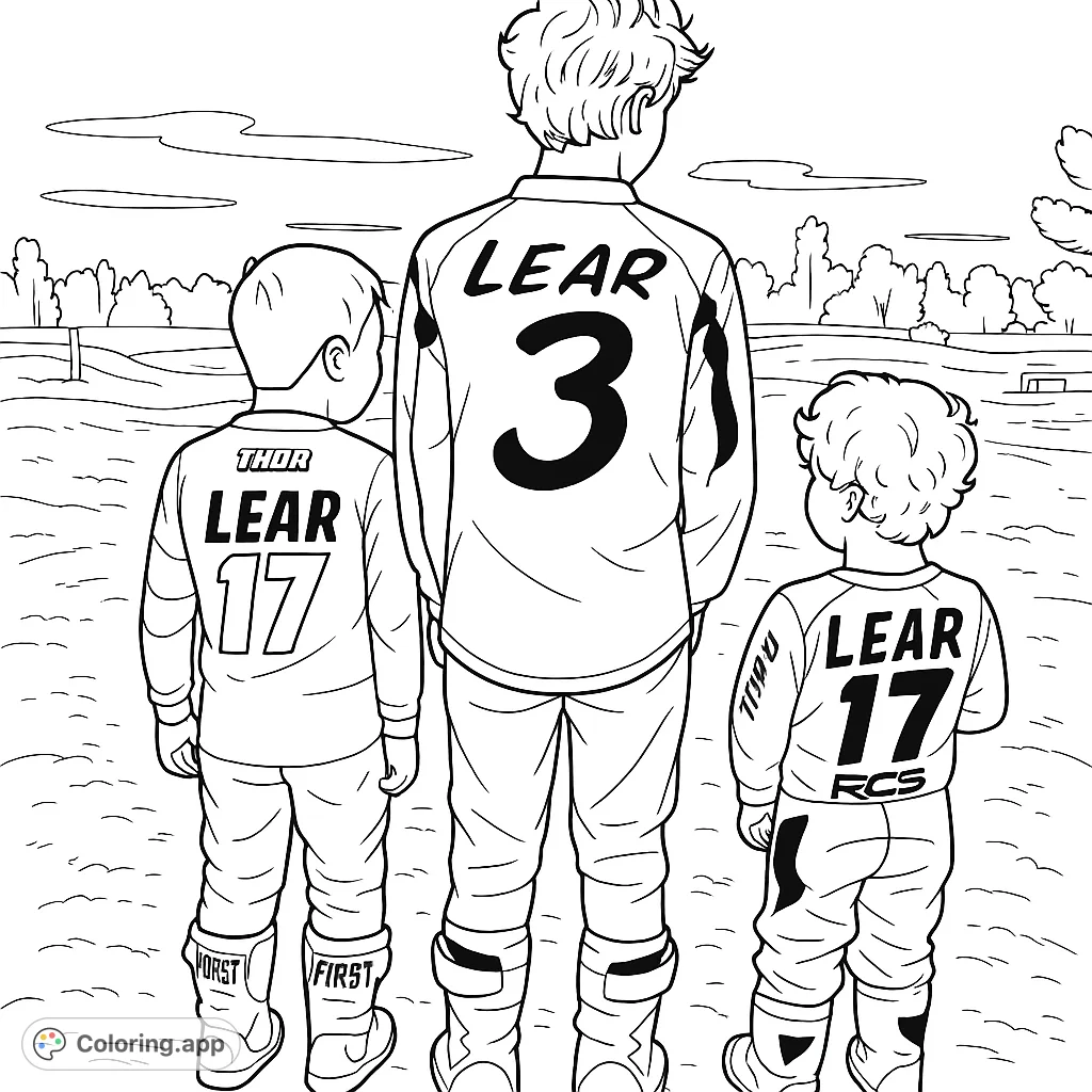 Three young motocross riders, viewed from behind, stand on a dirt track, ready for adventure. A dynamic scene for racing fans to color.