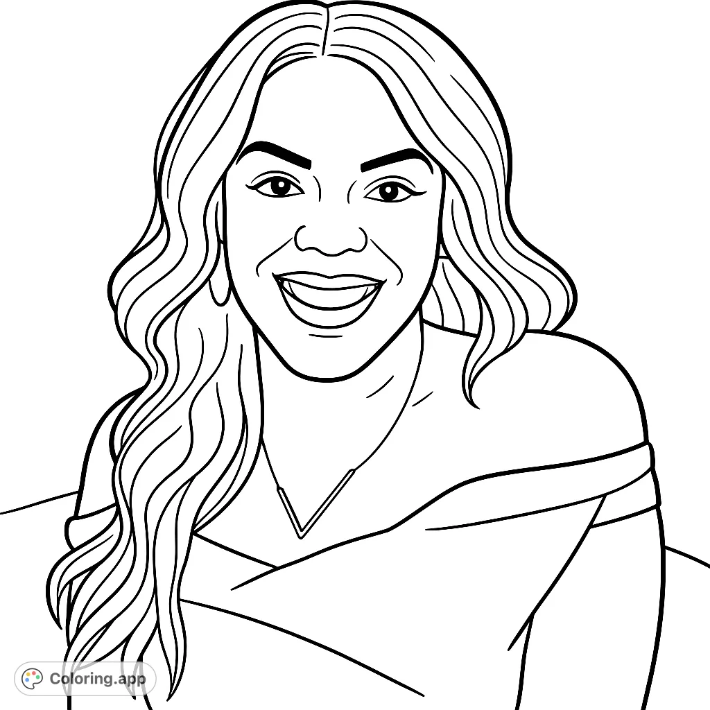Capture the radiant smile of this elegant woman in a cartoony portrait. A delightful free printable portrait coloring page for all ages to enjoy.