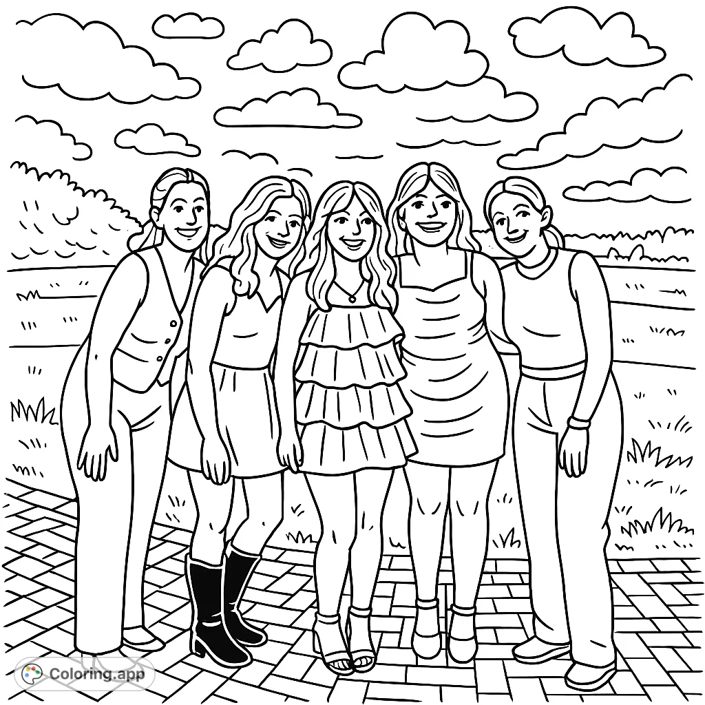 Capture the joy of friendship with this delightful coloring page featuring five smiling young women in stylish outfits, ready for a fun day out. Perfect for all ages!