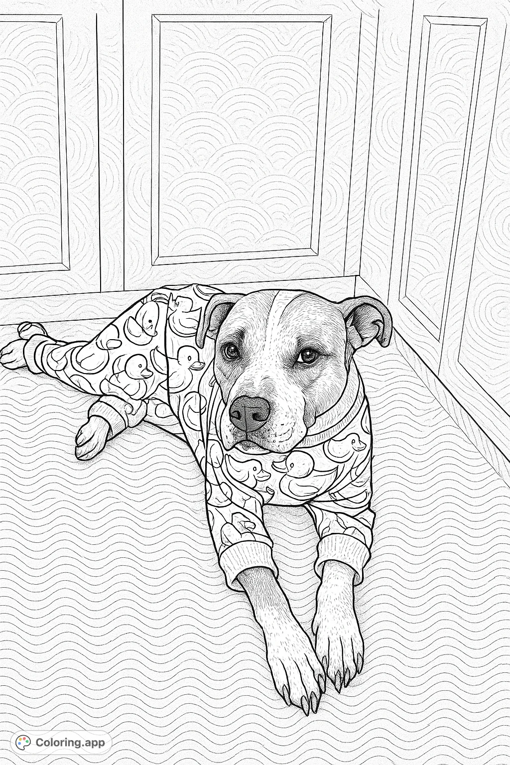 A charming dog in whimsical duck-patterned pajamas, perfect for a playful coloring adventure. Features a vintage aesthetic and moderate detail with a wave background.