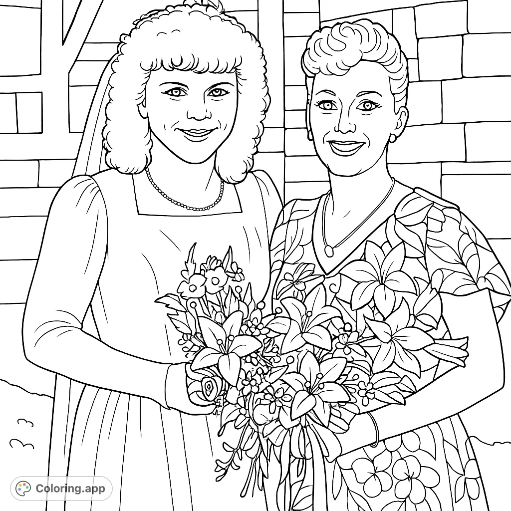 Celebrate a special day with this wedding party coloring page. Features two smiling women, one in a gown, holding beautiful bouquets against a textured background.