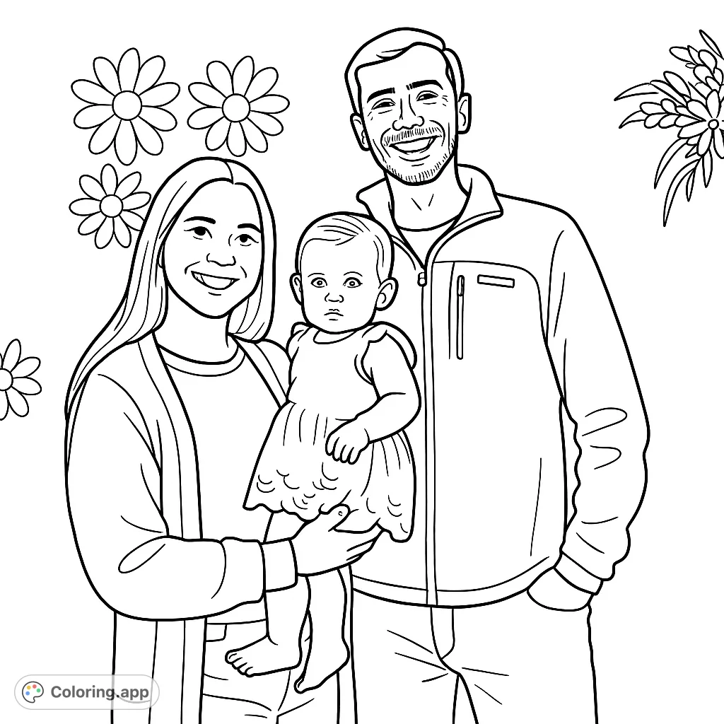 A heartwarming family portrait featuring a smiling couple holding their baby, set against a decorative background. Perfect for celebrating family bonds.