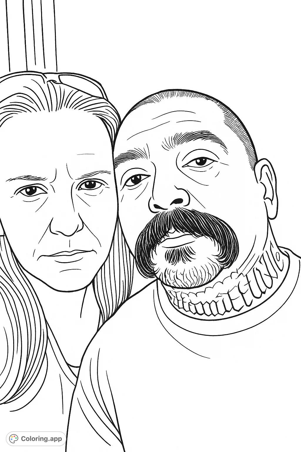 A detailed close-up portrait of a couple, featuring a woman with long hair and a man with a distinctive mustache, goatee, and intricate neck tattoos.