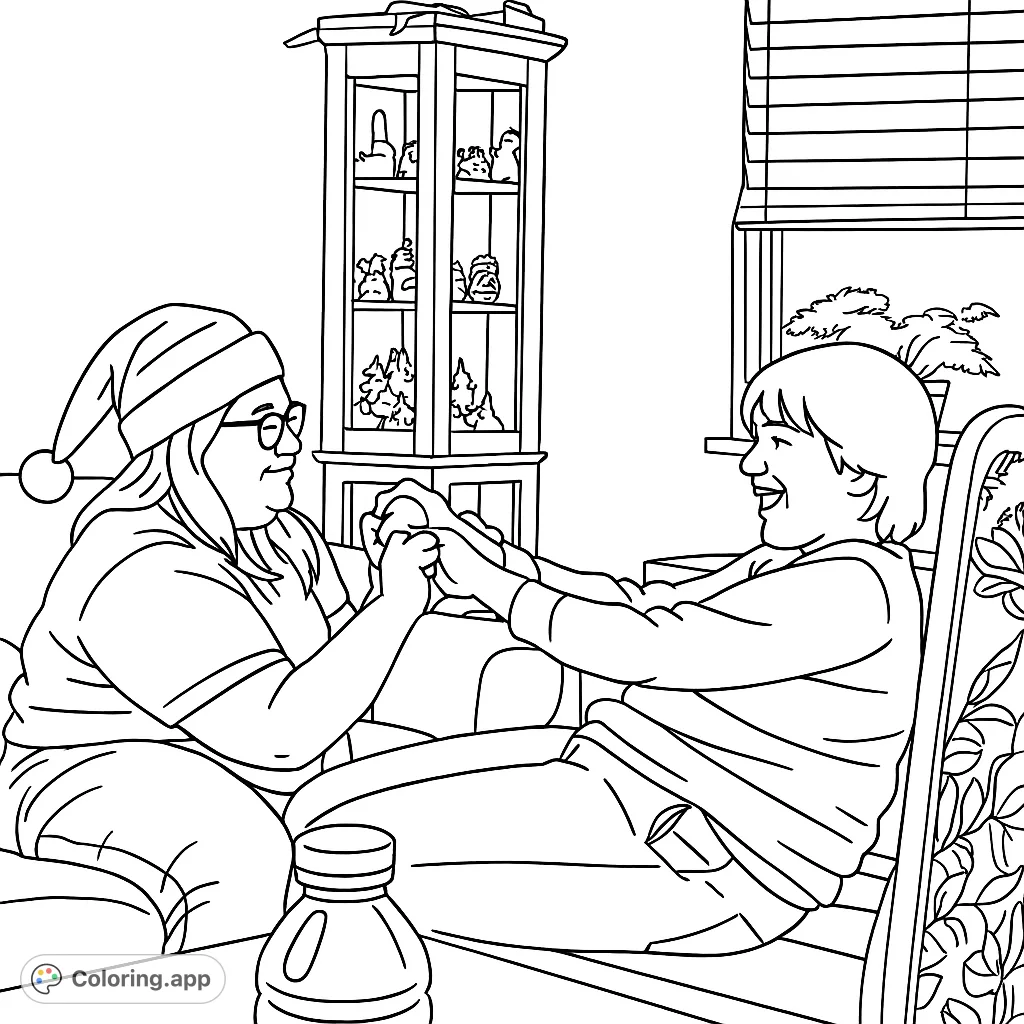 Capture the joy of holiday fun with this festive coloring page featuring two people engaged in a playful hand-holding activity and a cheerful Santa hat.