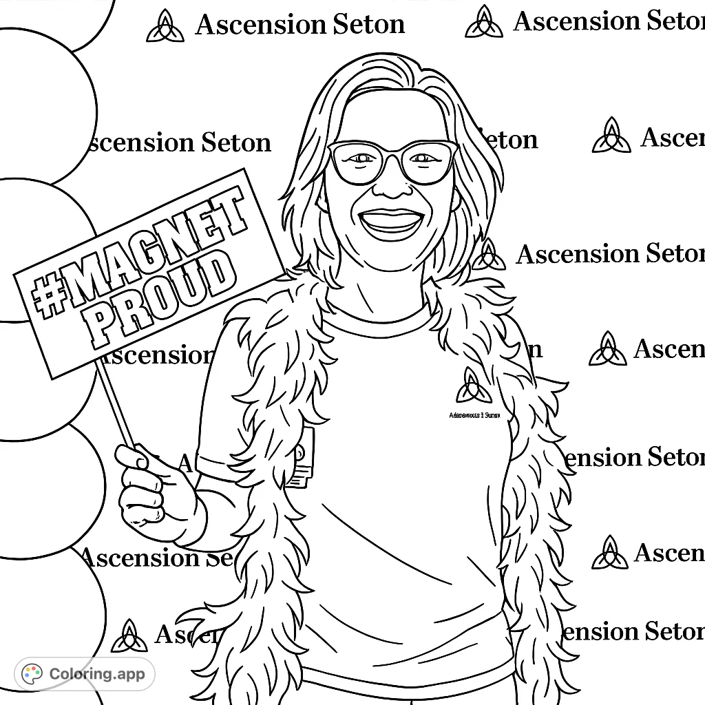 A cheerful woman in a feather boa holds a '#MAGNET PROUD' sign, celebrating achievement. A fun, engaging coloring page for all ages.