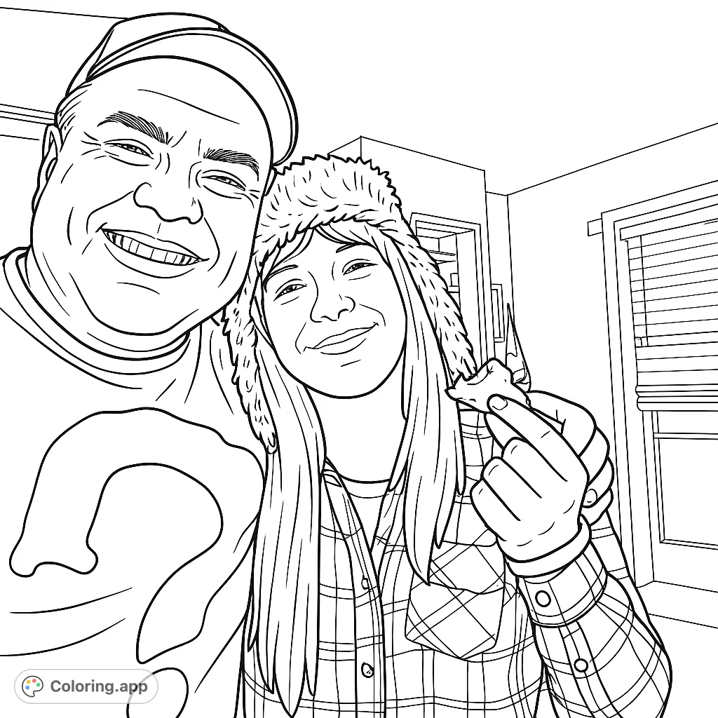 A heartwarming coloring page featuring a smiling adult and a younger person in a furry hat, sharing a happy moment. Perfect for family fun and creative expression.