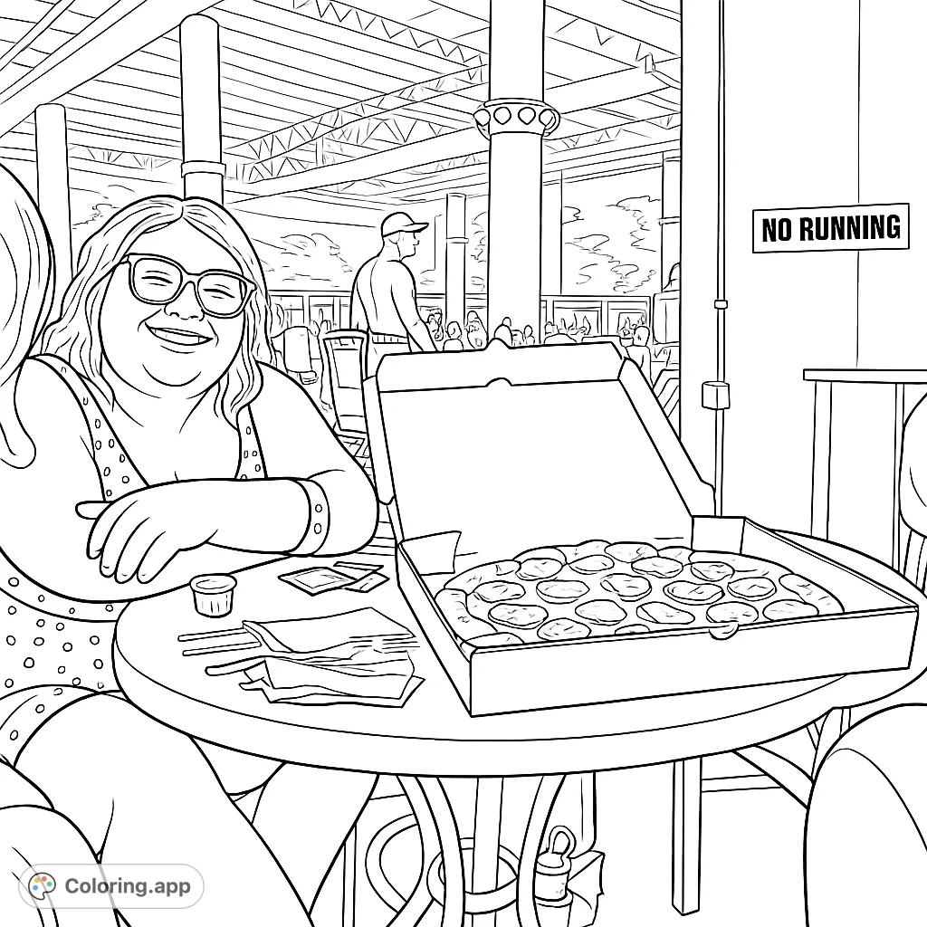 A cheerful person enjoys pizza at an indoor water park, surrounded by a lively atmosphere. Perfect for a relaxing coloring session.