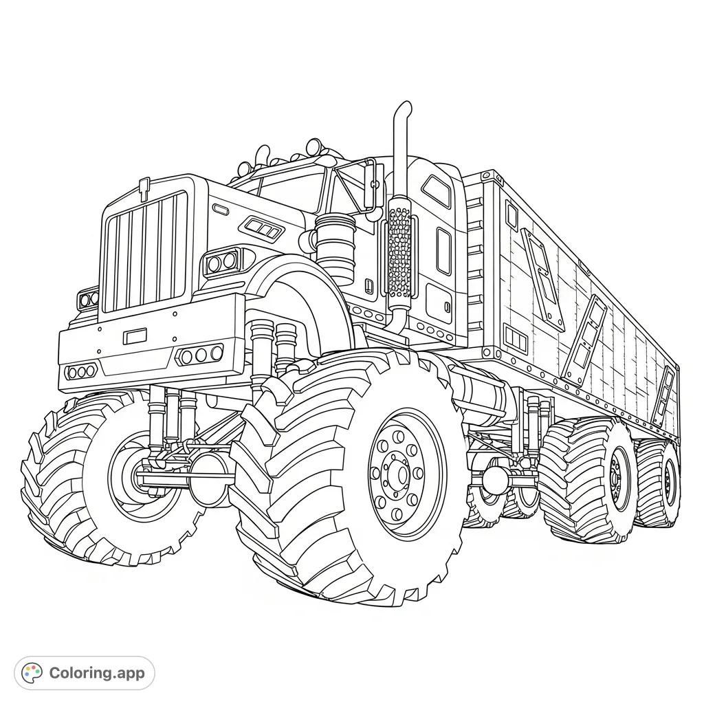 Unleash creativity with this monster semi-trailer coloring page! Featuring massive tires, a robust cabin, and a powerful trailer, perfect for vehicle enthusiasts.
