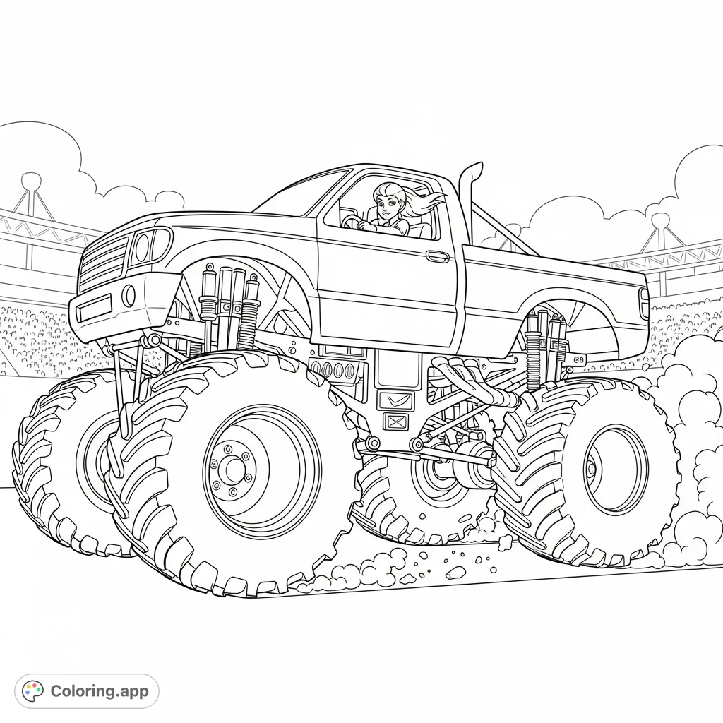 Unleash your creativity with this monster truck coloring page, featuring a daring girl driver amidst a dynamic race scene. Perfect for action fans!