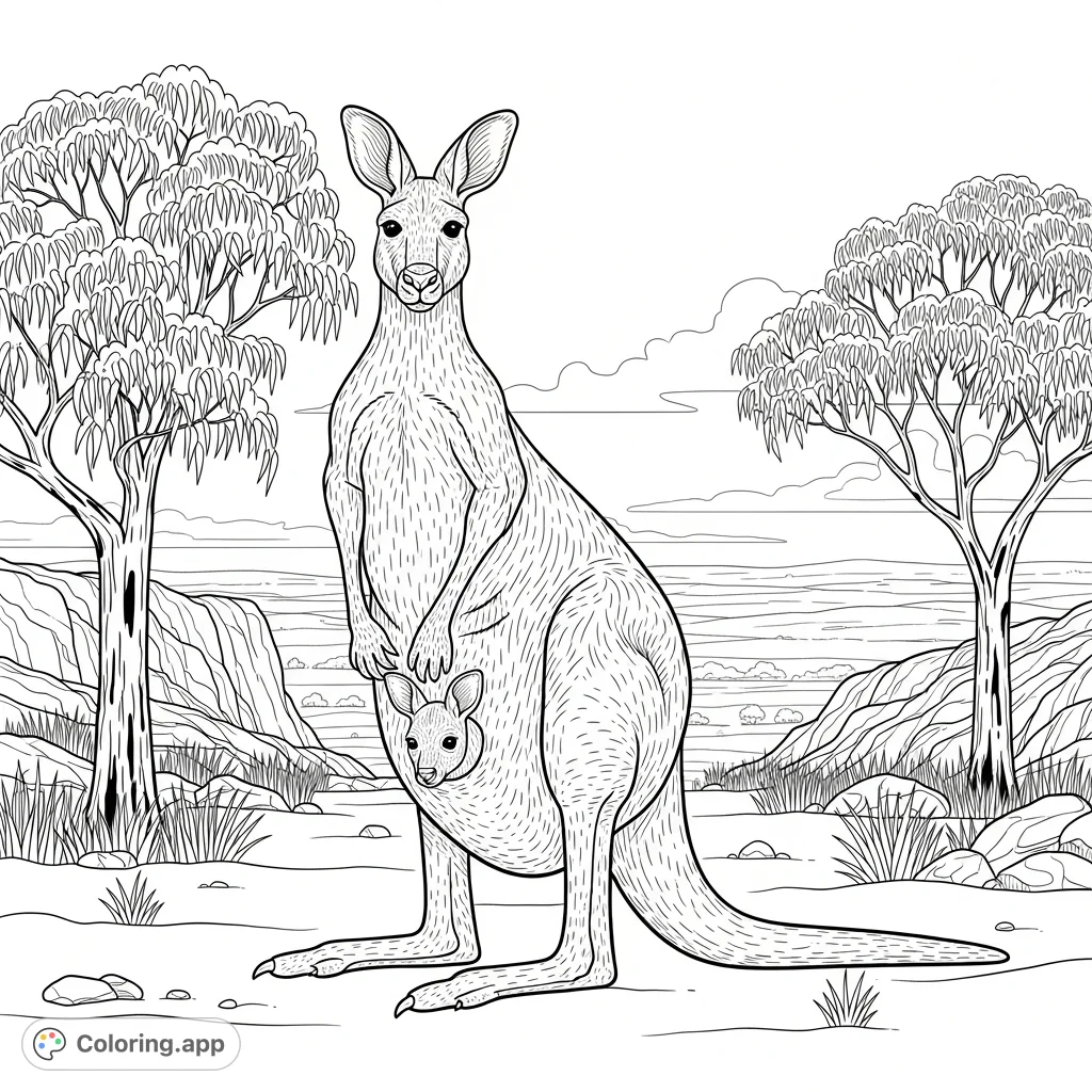 A detailed coloring page featuring a mother kangaroo and her joey in an intricately rendered Australian outback landscape, perfect for adult colorists.