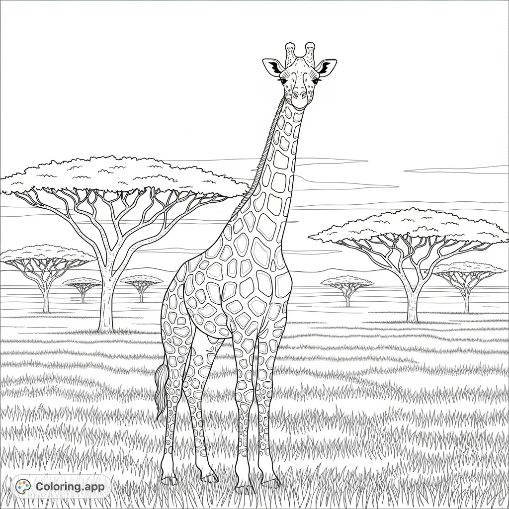 A detailed, adult-level giraffe coloring page featuring a majestic giraffe with intricate geometric patterns set against a sprawling savanna landscape.