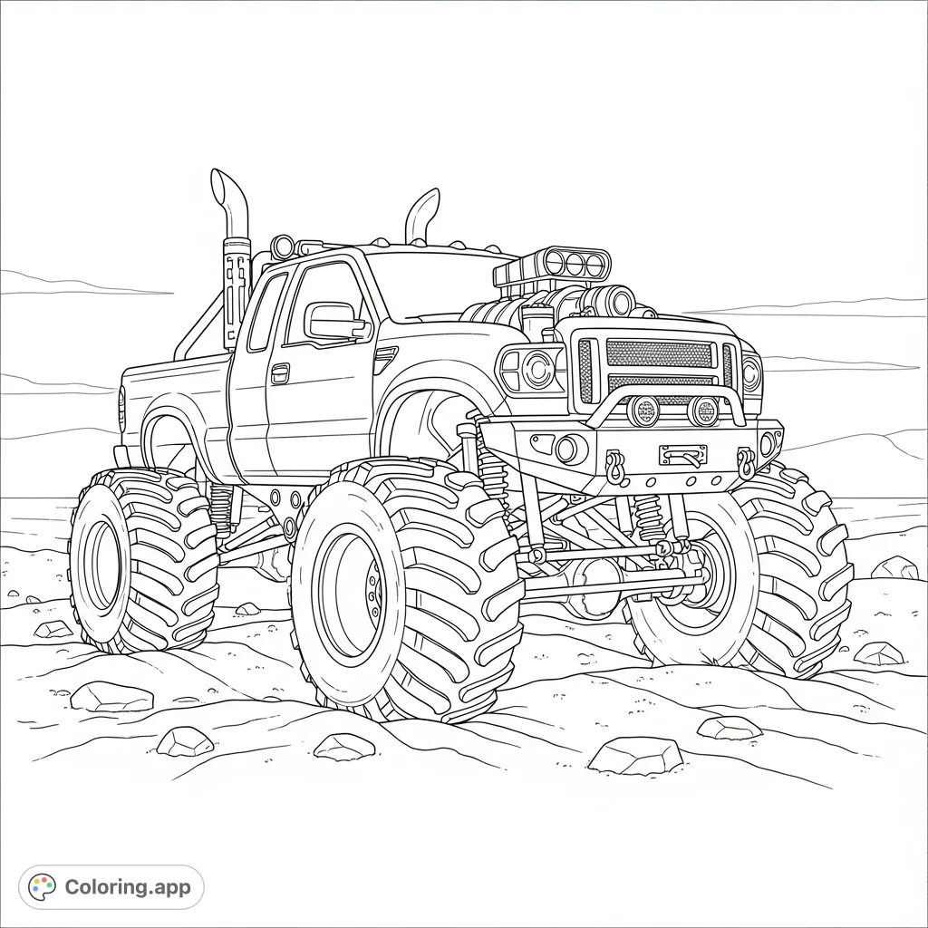 Unleash your creativity with this detailed monster pickup truck coloring page, perfect for vehicle enthusiasts and those who love rugged designs.