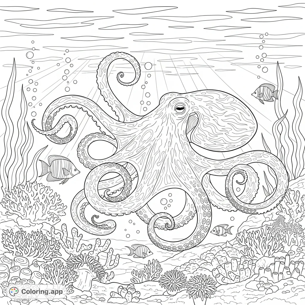 Dive into a detailed ocean scene featuring a majestic octopus amidst intricate coral, swaying anemones, and playful fish. A serene underwater escape.