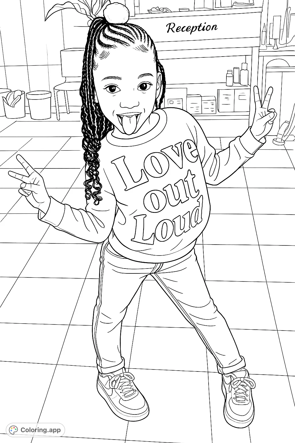 A fun coloring page featuring a playful girl with braided hair, striking a pose with a cheerful expression. Perfect for kids to express creativity!