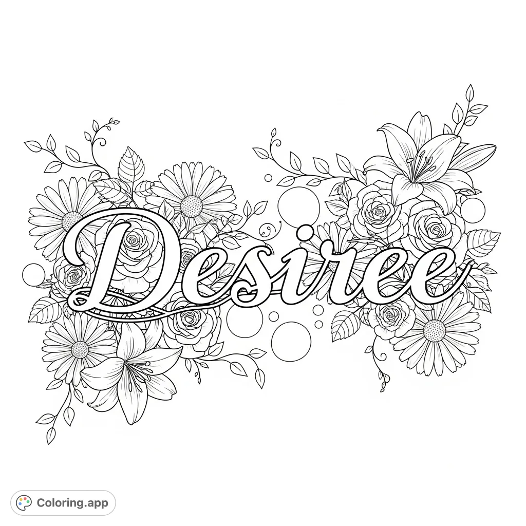 A beautiful coloring page featuring the name "Desiree" adorned with an array of intricate flowers and delicate vines, perfect for personalized creativity.