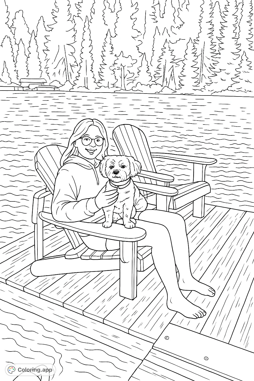 A heartwarming lake scene featuring a young person and their fluffy dog relaxing on a wooden dock. Perfect for a peaceful coloring experience.