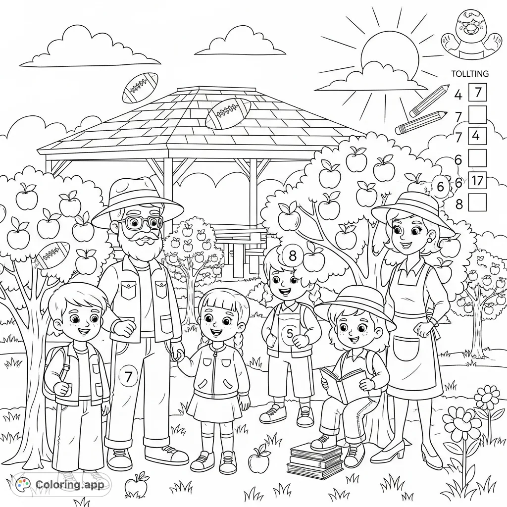 Explore a vibrant apple orchard scene filled with playing kids and hidden objects! Find footballs, pencils, apples, books, and flowers, then tally your discoveries.