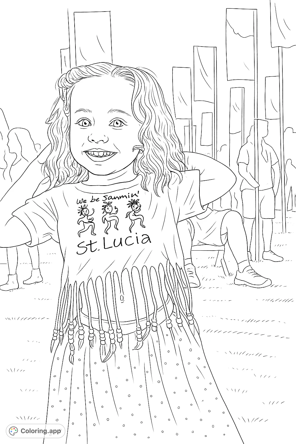 A joyful child with curly hair, wearing a unique fringed top and beaded skirt, smiles brightly at a vibrant outdoor event with festive banners.