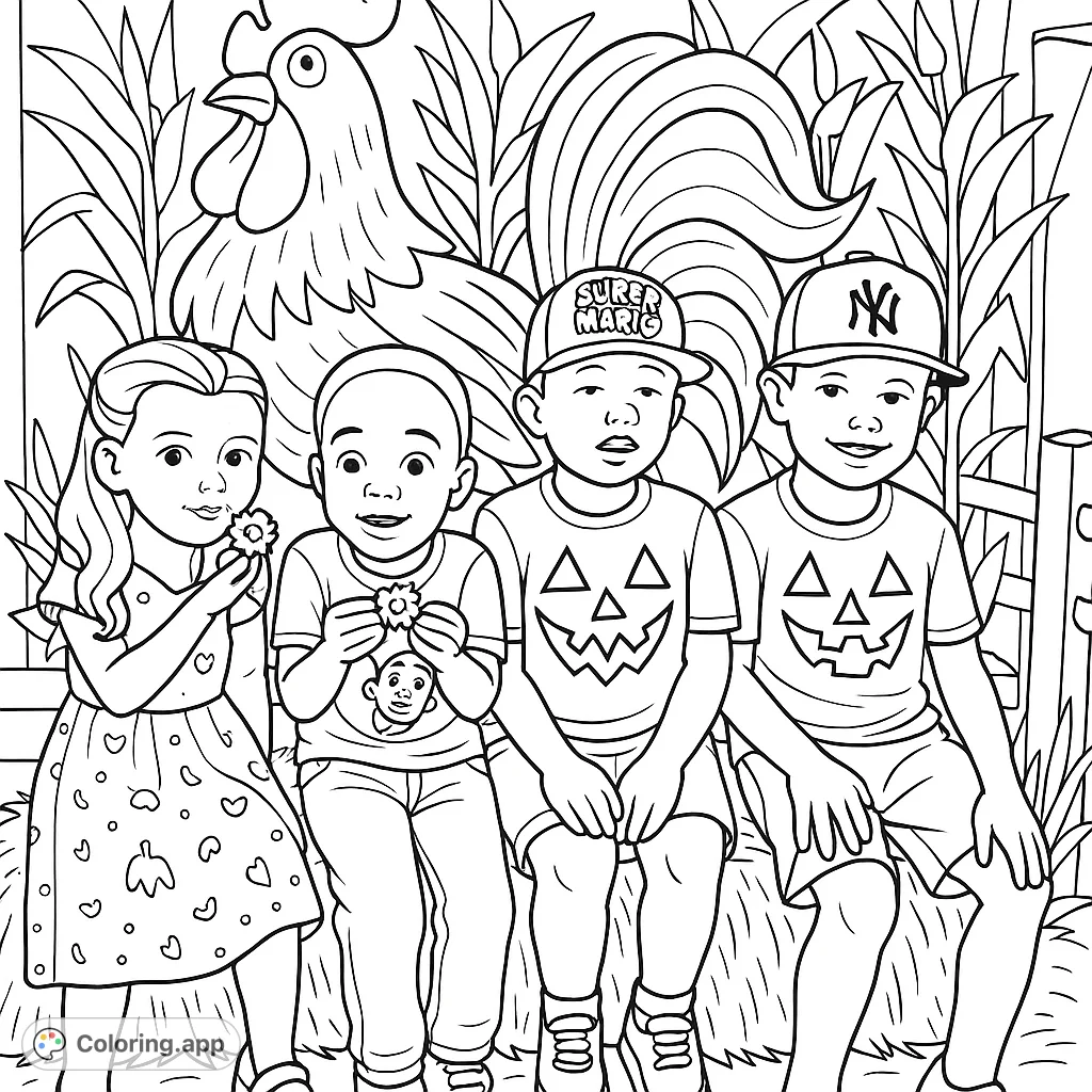 Join these cheerful kids at a fall festival, sitting on hay bales in front of a friendly rooster and cornfield backdrop. Perfect for a fun, cartoony coloring adventure!