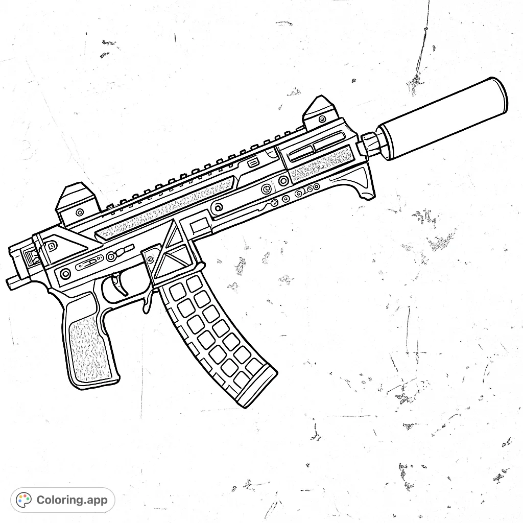 A detailed modern compact firearm with a suppressor and textured grip, set against a distressed background. Perfect for enthusiasts.