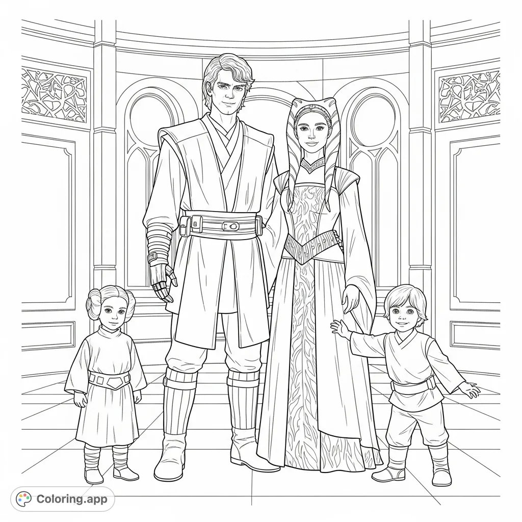 A heartwarming family portrait featuring Anakin, Padme, young Leia, and Luke Skywalker in a serene setting, perfect for Star Wars fans of all ages.