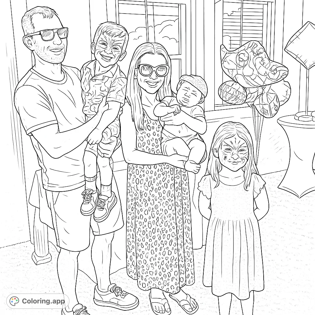 A heartwarming family gathering featuring parents and three children with festive face paint and balloons, perfect for a joyful coloring experience.