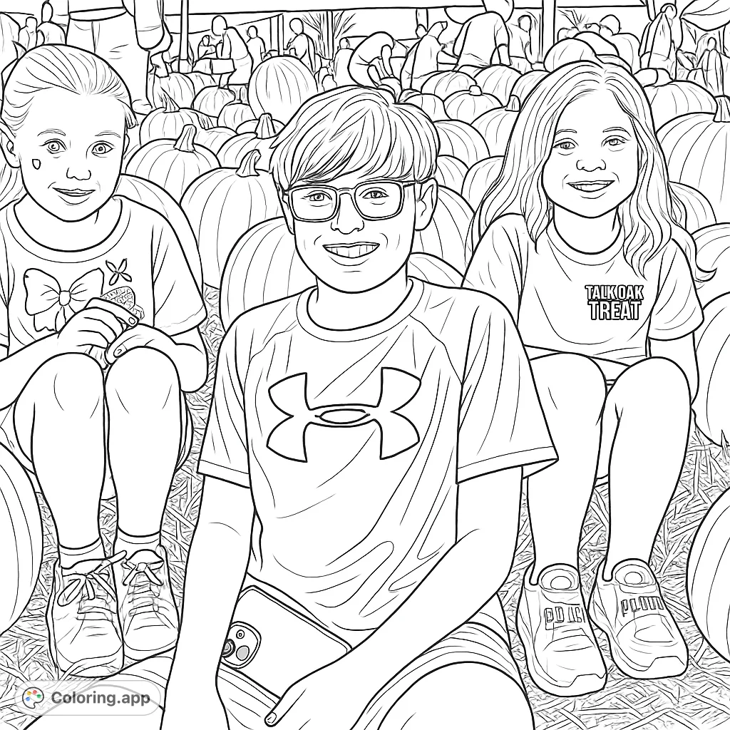 Three cheerful children surrounded by a bounty of pumpkins at a festive patch. A delightful autumn scene perfect for coloring fun!