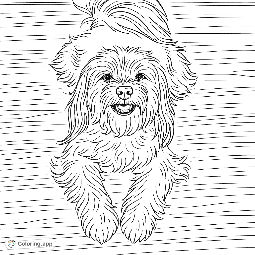 A charming shaggy dog with a playful grin, lying on a textured wooden floor. Perfect for pet lovers to bring to life with their favorite hues.