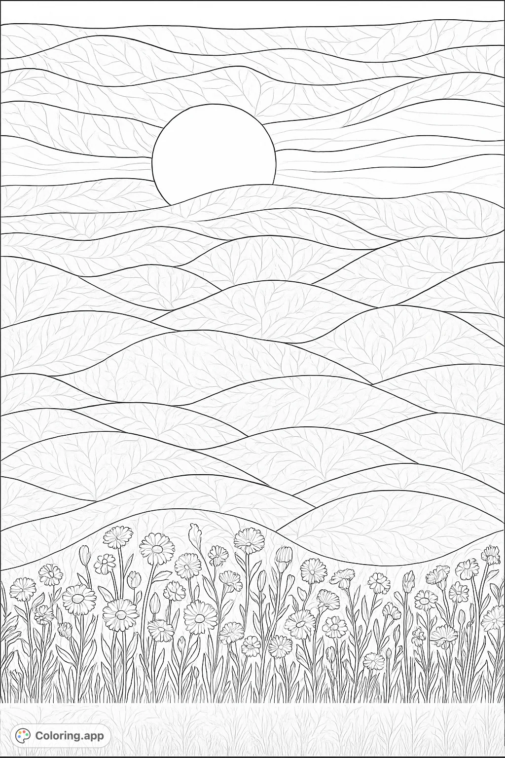 Immerse yourself in a serene quilted landscape featuring rolling hills, a radiant sun, and a vibrant meadow of wildflowers. A detailed nature scene for creative expression.