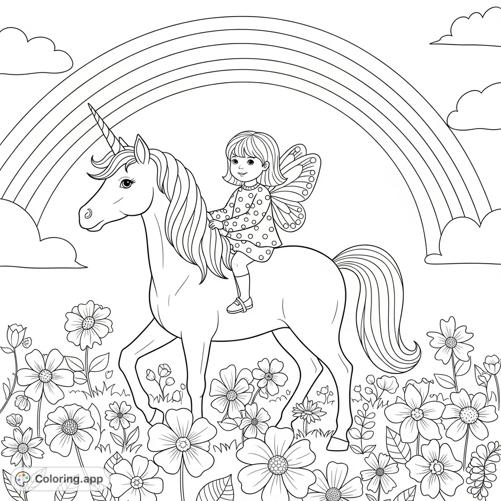 A delightful unicorn coloring page featuring a young girl with butterfly wings riding a majestic unicorn, set against a rainbow and surrounded by pretty flowers.