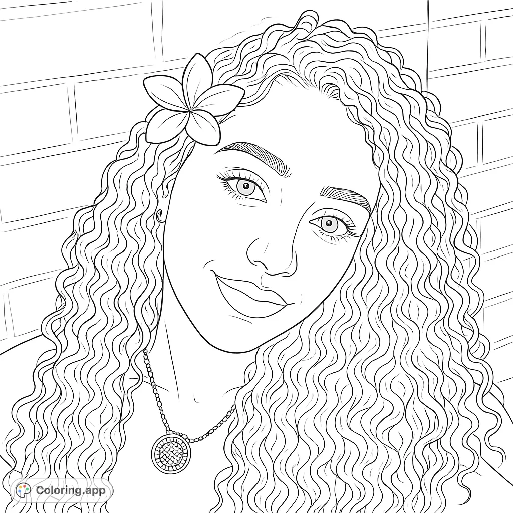 Color a beautiful portrait of a young woman with flowing curly hair and a delicate flower. Features a detailed necklace and a brick wall background.