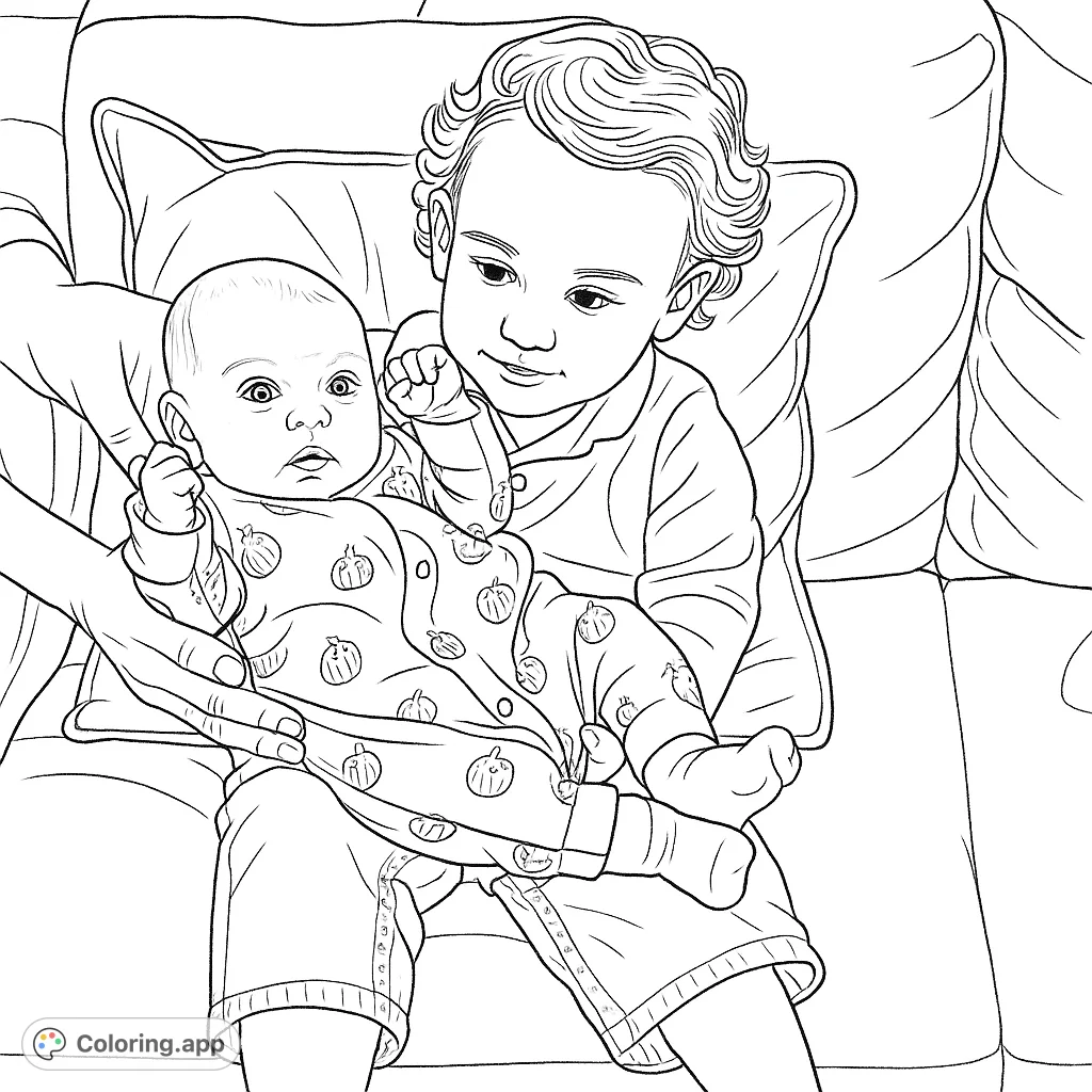 A heartwarming coloring page featuring an older child gently holding a baby in a pumpkin-patterned outfit, surrounded by loving hands. Perfect for family themes and autumn fun.