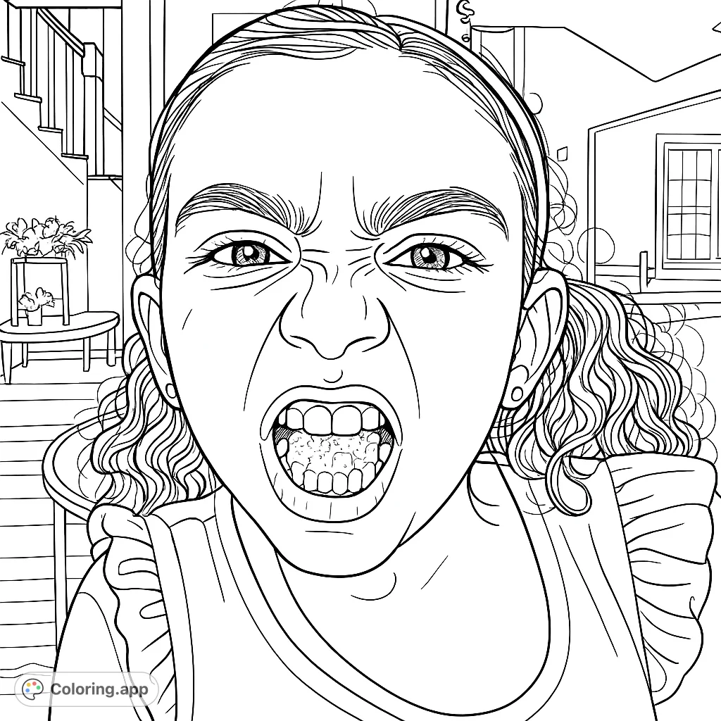 A playful girl makes a funny face, mouth open to reveal a textured treat. A delightful and expressive portrait for creative coloring fun.