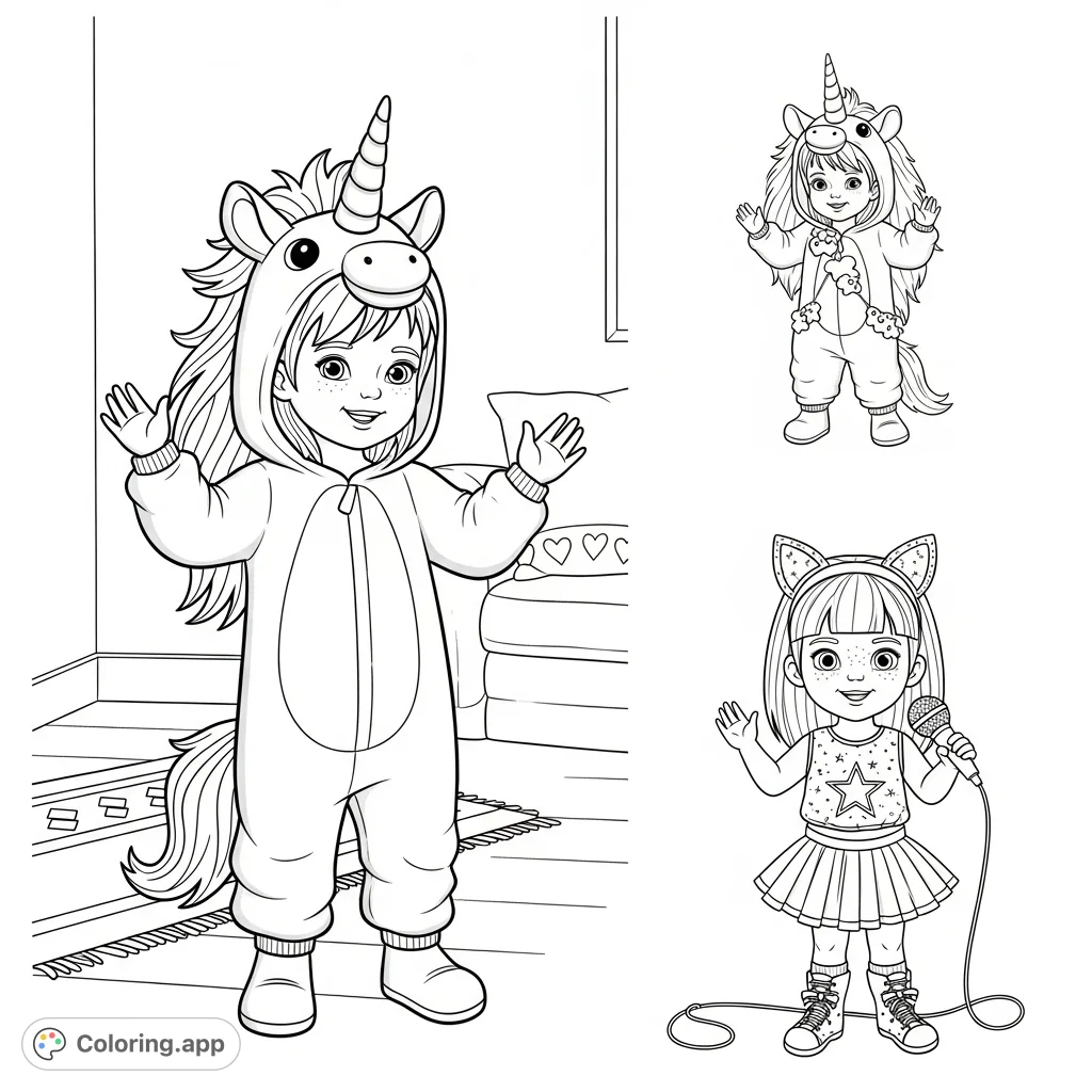 A sweet three-year-old girl tries on her magical unicorn Halloween costume, complete with a horn and fluffy tail, ready for imaginative play.