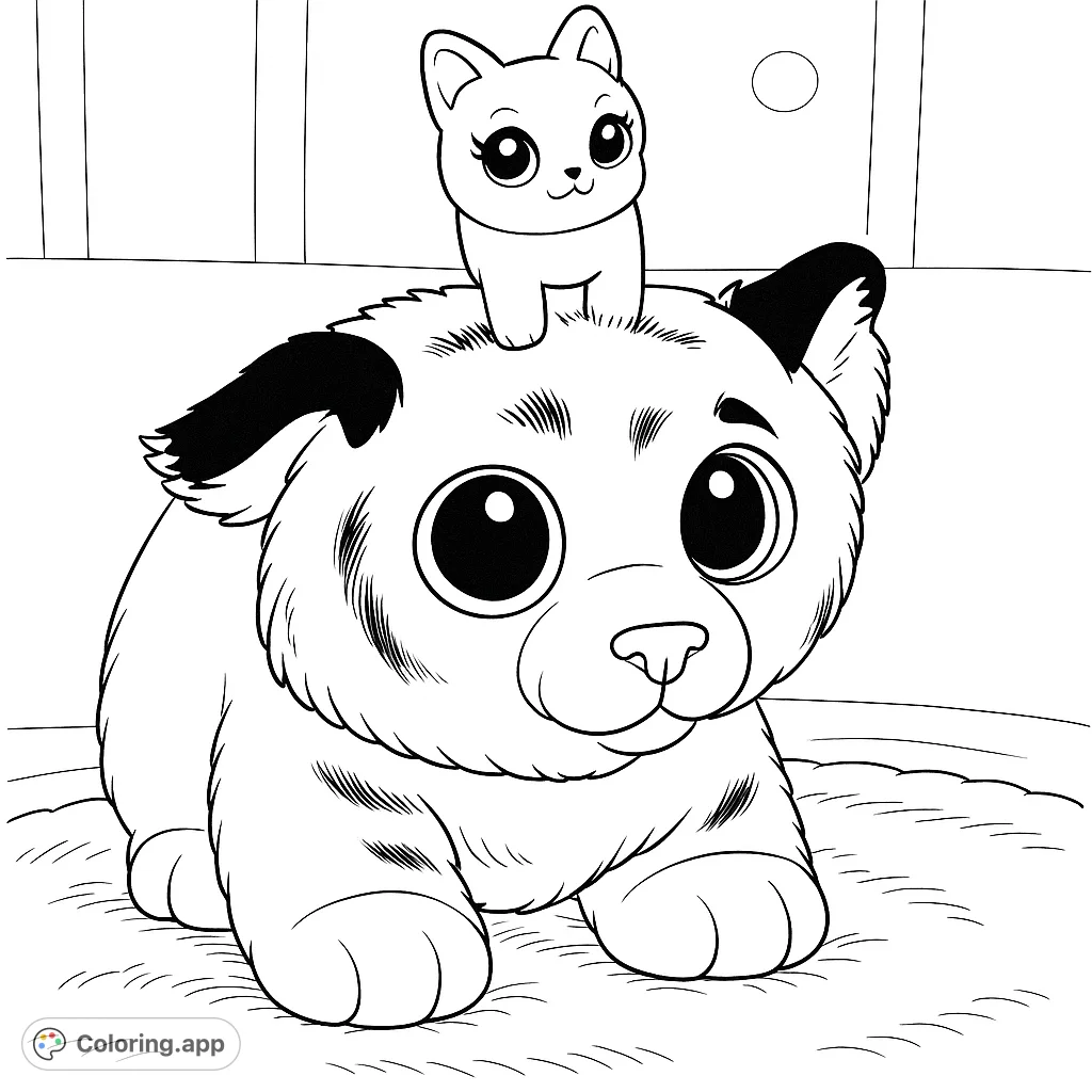 A charming coloring page featuring a fluffy tiger cub plush with a tiny kitten figurine perched on its head, ready for creative color exploration.