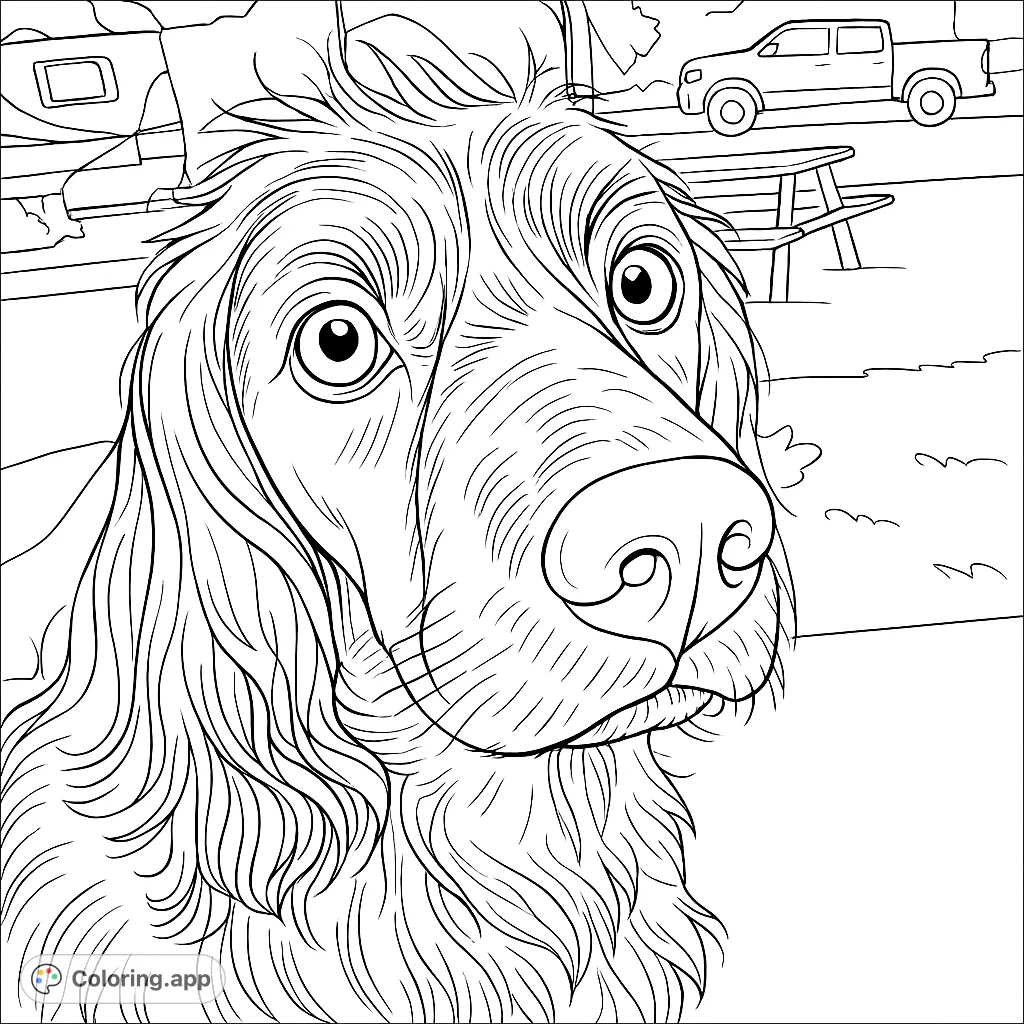 A charming close-up of a dog with wavy fur and expressive eyes, set against a soft outdoor background. Perfect for dog lovers and animal enthusiasts.