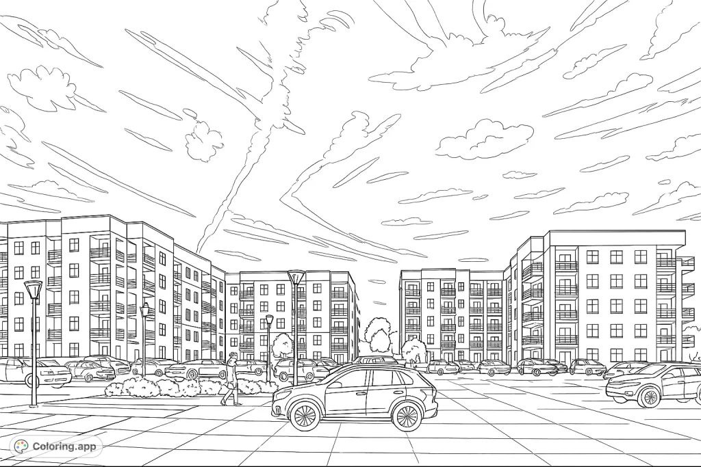 Explore a highly detailed modern apartment complex with numerous cars, intricate architectural elements, and a vast sky, offering a challenging urban coloring experience.