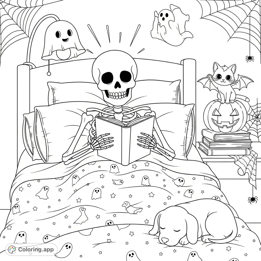 A charming skeleton enjoys a cozy bedtime story in a Halloween-themed bed, surrounded by festive details. Perfect for spooky season relaxation.