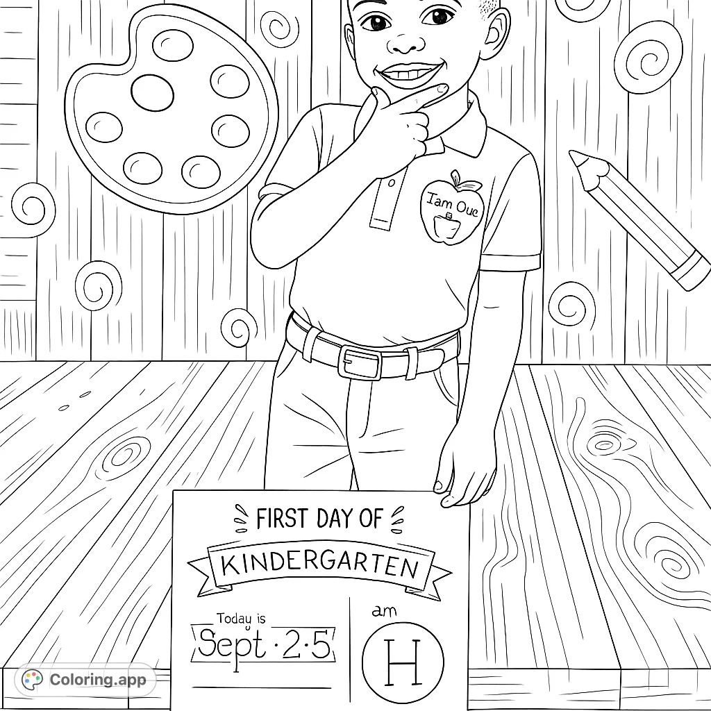 Celebrate the exciting first day of kindergarten with this cheerful boy holding his special sign. A delightful back-to-school coloring page for young learners.