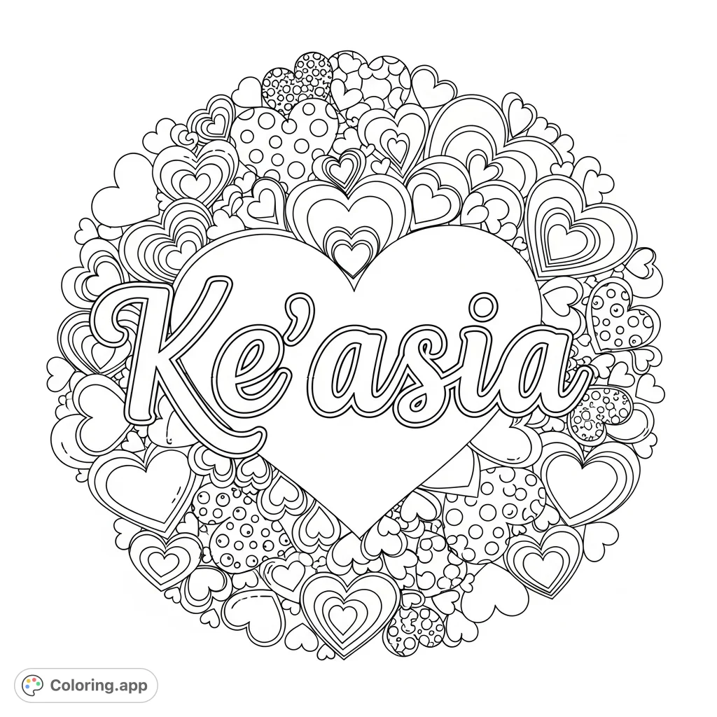 A beautiful Ke’asia coloring page featuring the name 'Ke’asia' surrounded by a charming, intricate background of various heart shapes and patterns.