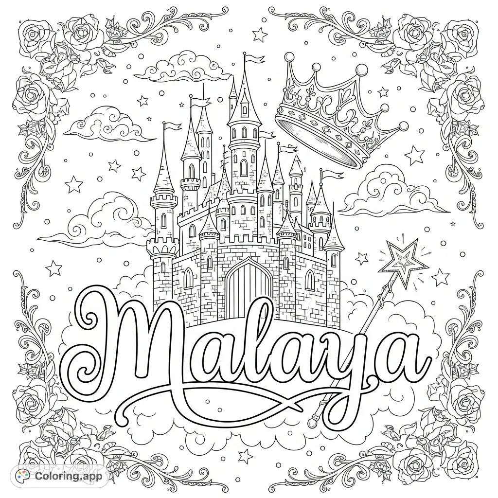 A charming princess-themed coloring page featuring the name "Malaya" in elegant script, set against a majestic castle, crown, and whimsical stars.