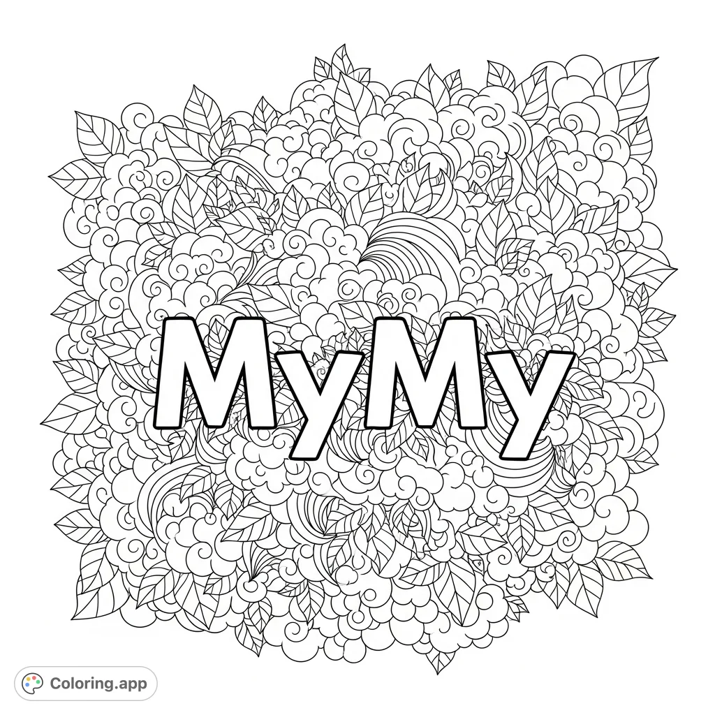 A unique coloring page featuring the name 'MyMy' amidst a swirling, intricate background of organic forms and distinct leaf patterns, perfect for creative expression.