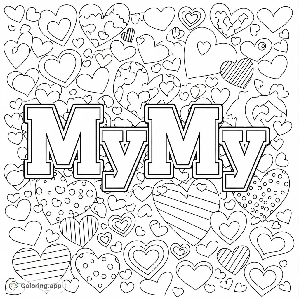 A personalized 'MyMy' coloring page featuring the name prominently against a charming background of various heart shapes. Perfect for kids!