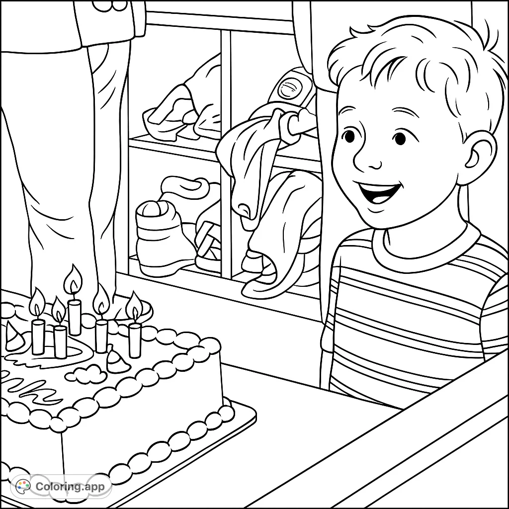 A joyful boy smiles at his birthday cake, adorned with candles and fun characters. A perfect celebration scene for coloring, capturing a moment of pure happiness.